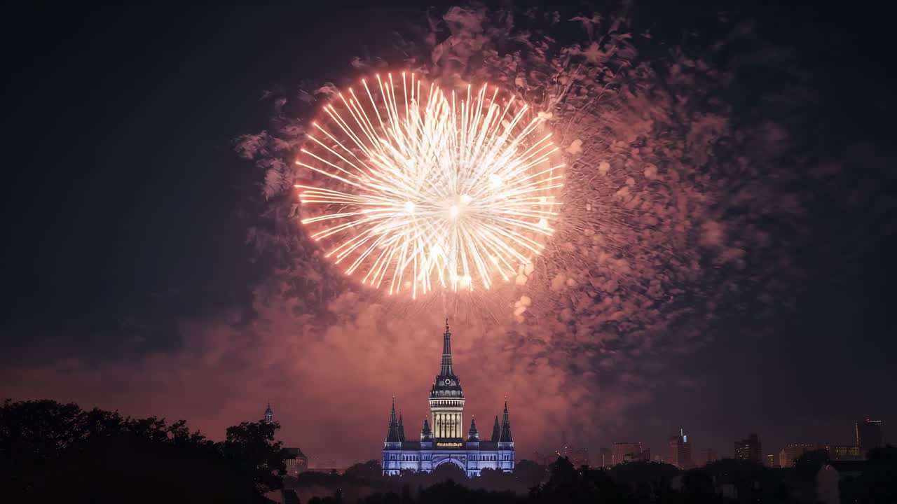 Igniting pyrotechnic shells launching and bursting above lit historic building at night with embers