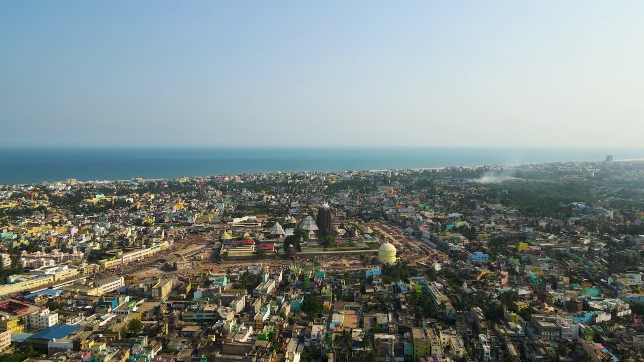 Stunning aerial drone shot capturing the beauty of Jagannath Puri city, with the temple standing majestically in the center.