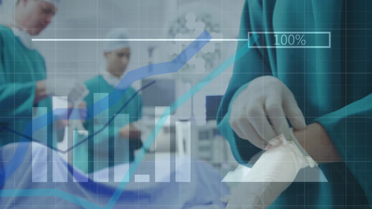 Animatie van de verwerking van financiële gegevens over zakelijke mensen met blauwe achtergrond