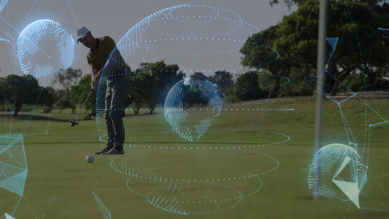 Mature golfer making putt on green, showing holographic globe and data overlays for tech