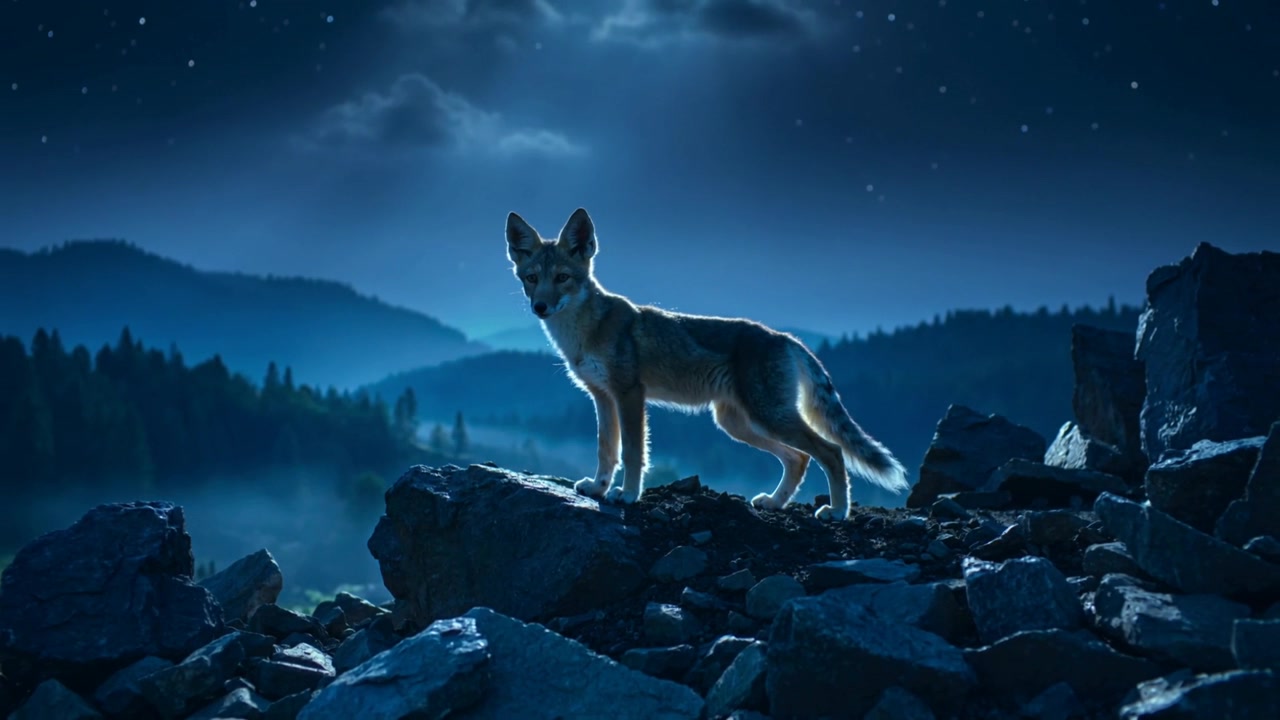 Stående rævelignende hundedyr i opmærksom positur på en klippefyldt højderyg om natten, med månebelyst klippeskred.