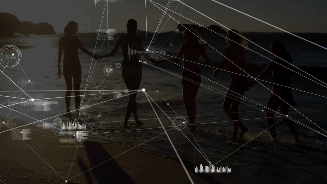 Shifting into walking as five women sharing moment holding hands crossing surf with network overlay