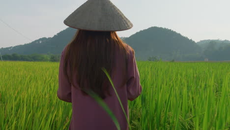 Joven-Campesina-Vietnamita-Revisando-La-Plantación-De-Arroz-Mientras-Toma-Nota-En-Su-Cuaderno,-La-Tecnología-Agrícola-Agritech-Trabajando-En-Eficiencia-Compensa-La-Falta-De-Alimentos-Y-La-Pobreza