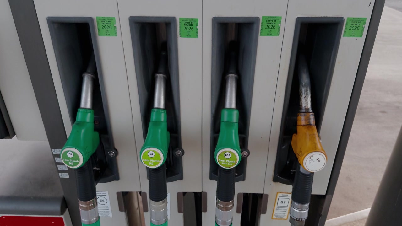 Fila di erogatori di carburante in una stazione di servizio francese, che mostra le opzioni di tipo di carburante