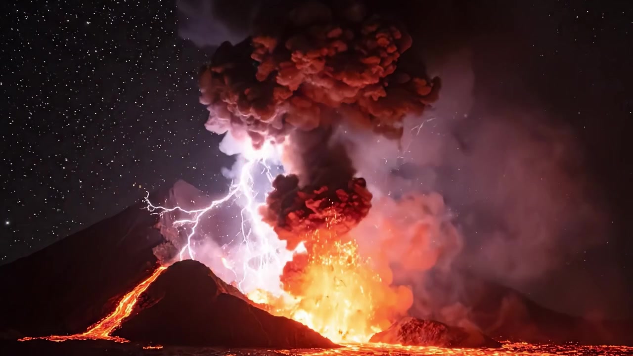 Uma Exibição Espetacular da Natureza: Um Vulcão em Erupção Ilumina o Céu Noturno com Lava Fluindo e Nuvens de Cinzas Explosivas Sob um Cenário Estelar