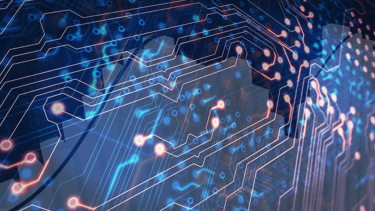Glowing lines and nodes forming circuit board pattern, representing digital animation