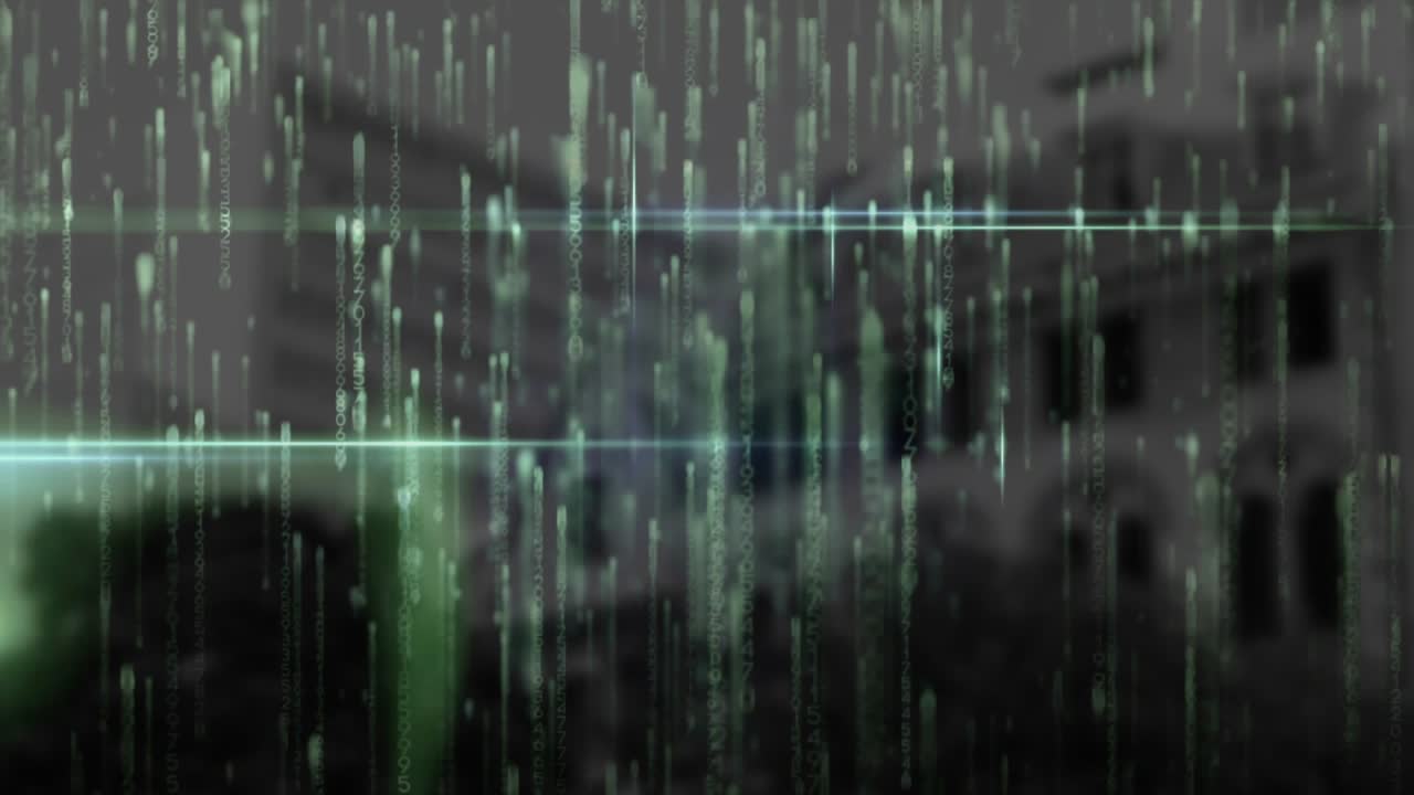 Upon opening green code streams raining over blurred facade pulsing light lines creating overlay