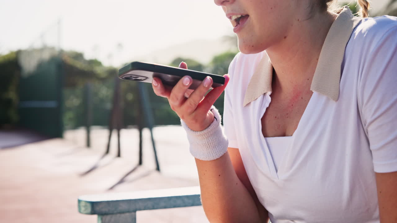Woman using phone on tennis court