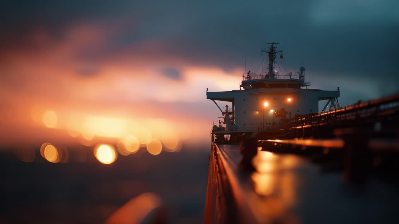 A stunning view of a ship's deck illuminated by the warm glow of sunset, showcasing the intricate details of maritime structure in a beautiful evening atmosphere