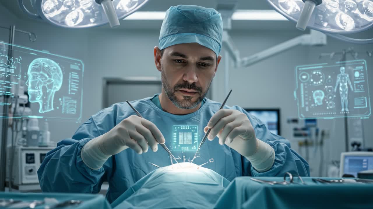 A skilled surgeon expertly navigates a high-tech operating room, integrating advanced holographic displays to enhance precision and accuracy during a complex procedure