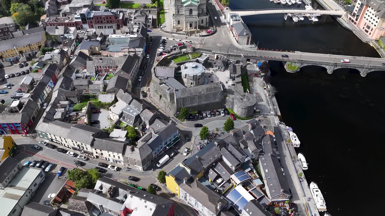Birds eye view, look down to Athlone Castle, Ireland small town on river Shannon