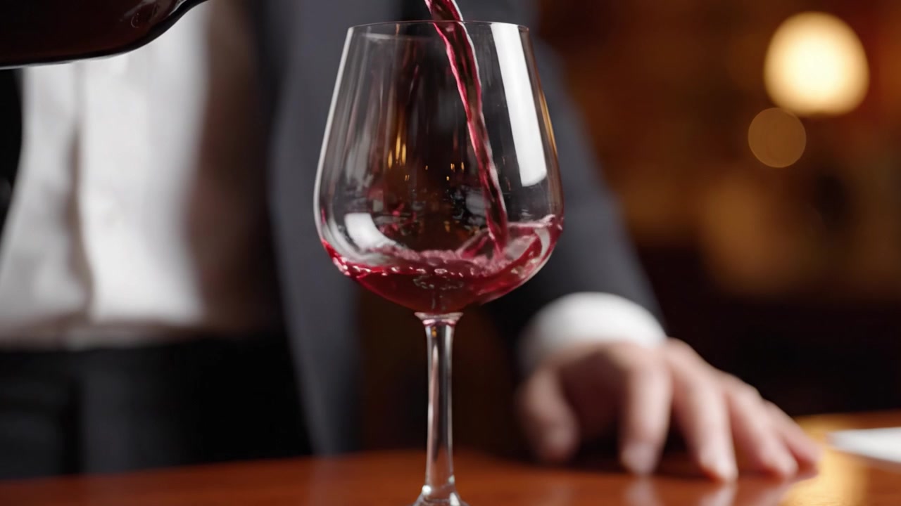 Un sommelier versa abilmente vino rosso in un elegante bicchiere, mettendo in mostra l'arte del servizio di bevande pregiate in un ambiente sofisticato.
