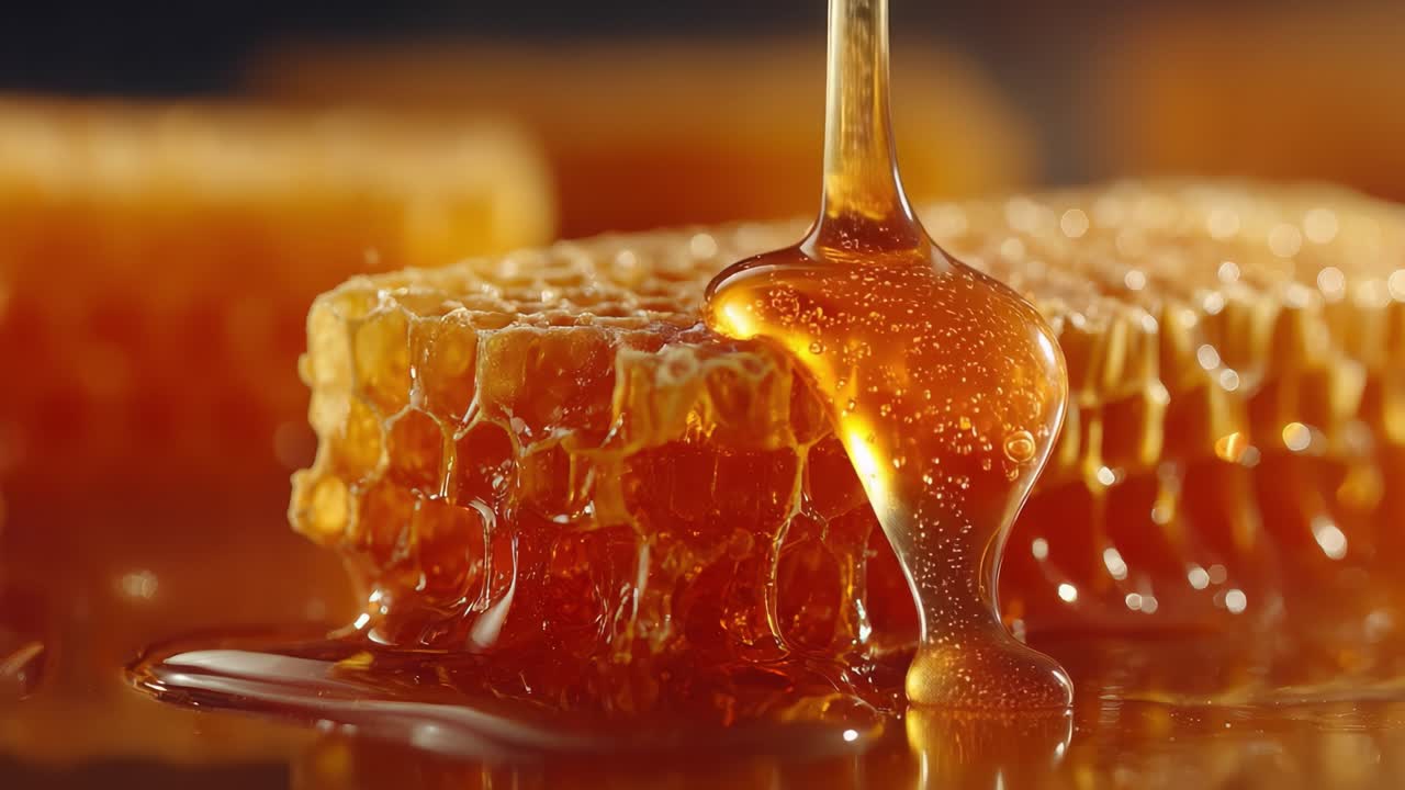Miele liquido dorato che gocciola dal favo, catturando la dolce essenza del nettare della natura in una vivida e invitante esposizione di consistenza e ricchezza.