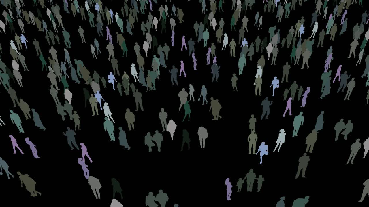 caminando alrededor de una gran multitud de personas de estilo de vida moderno en un fondo negro aislado