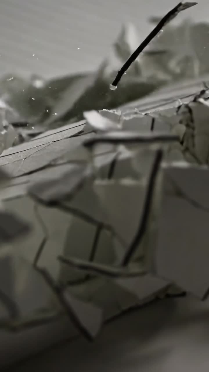 Vertical video: Cracking grooved slab splitting on tabletop, flaking into shards and dust