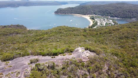 aerial drone shot of elephant rock tourism rock formation brisbane water national park bushland central coast nsw australia 4k