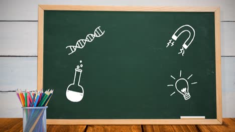 science concept icons on black board