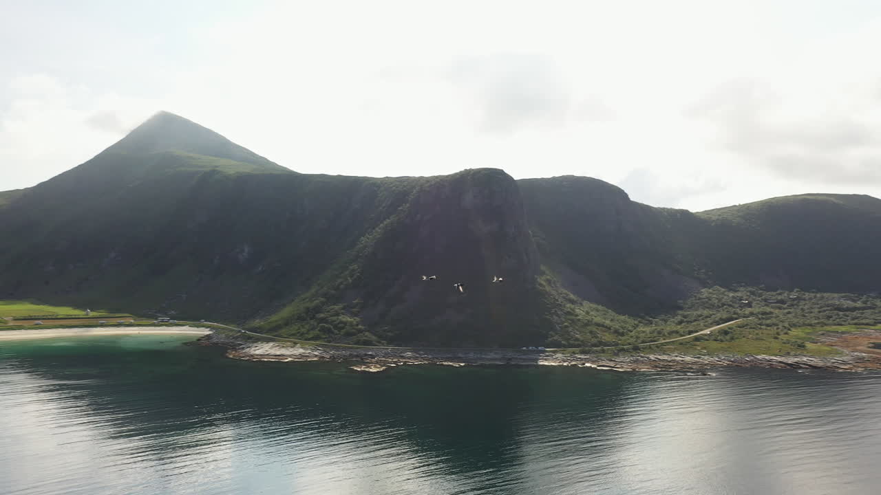 imágenes de drones de la playa de vik y hauklandstranda noruega rastreando aves marinas, toma de drones giratorios