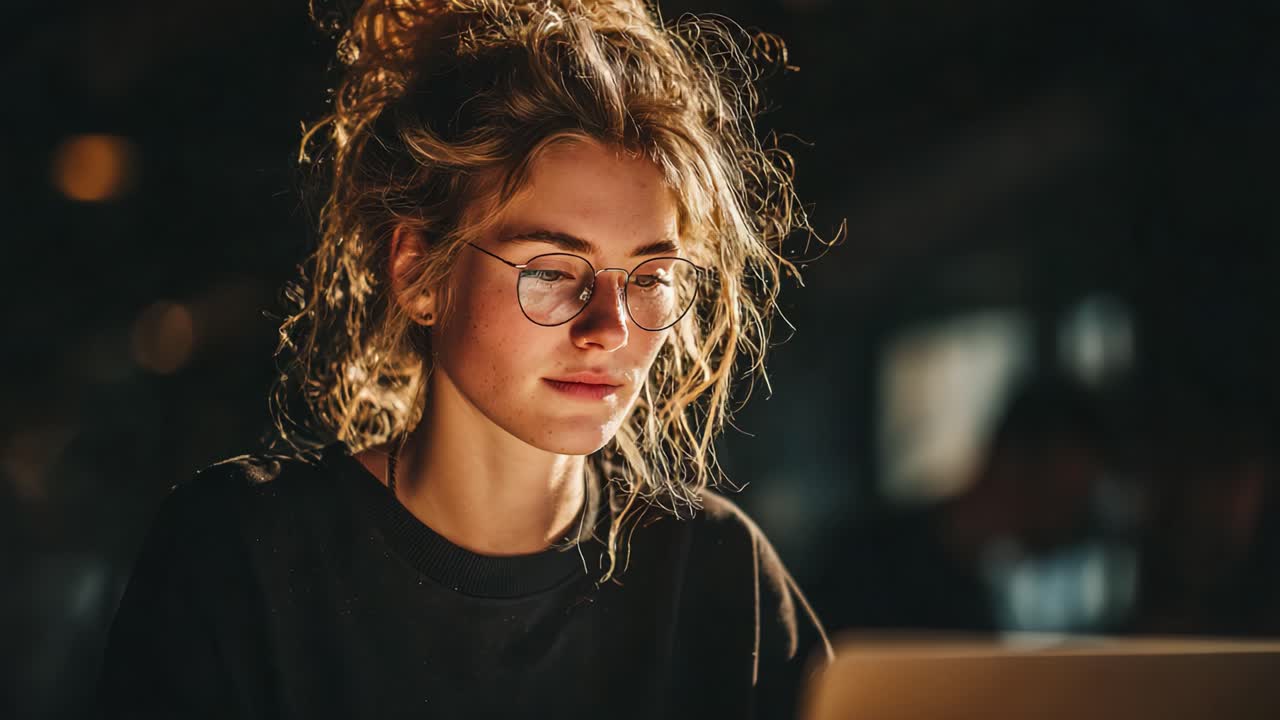 A Young Woman with Curly Hair and Glasses Focuses on Her Laptop in a Cozy, Dimly Lit Environment, Capturing the Essence of Modern Digital Engagement