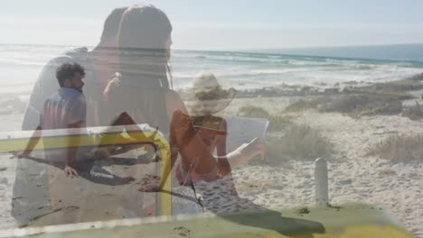 on beach, people watching ocean waves and sandy shore, feeling relaxed