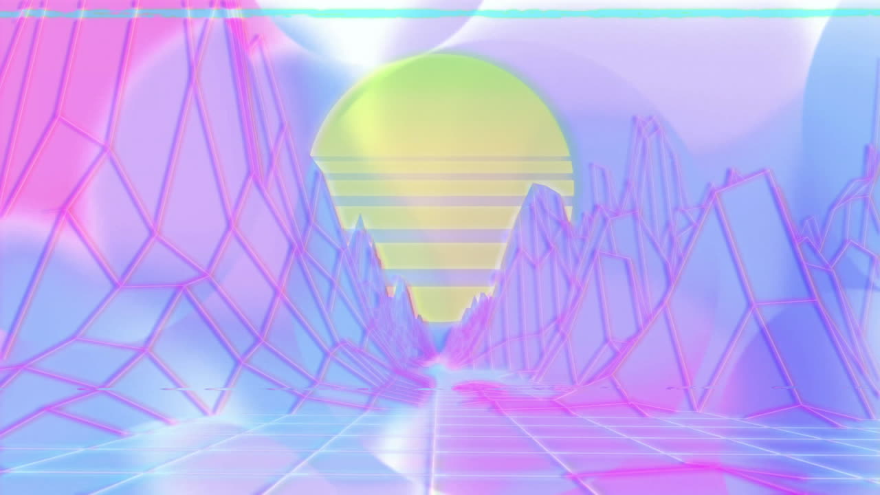 Animation of digital mountains and sun over purple shapes