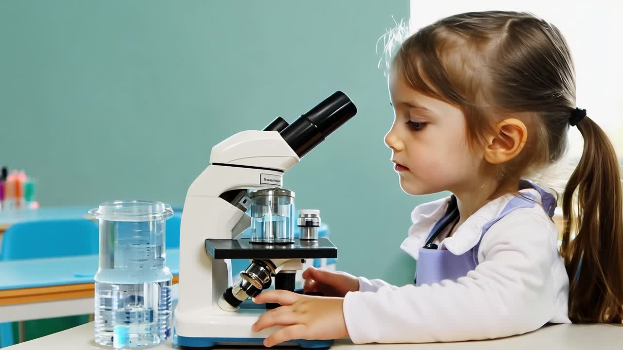una niña mira a través de un microscopio durante un experimento científico