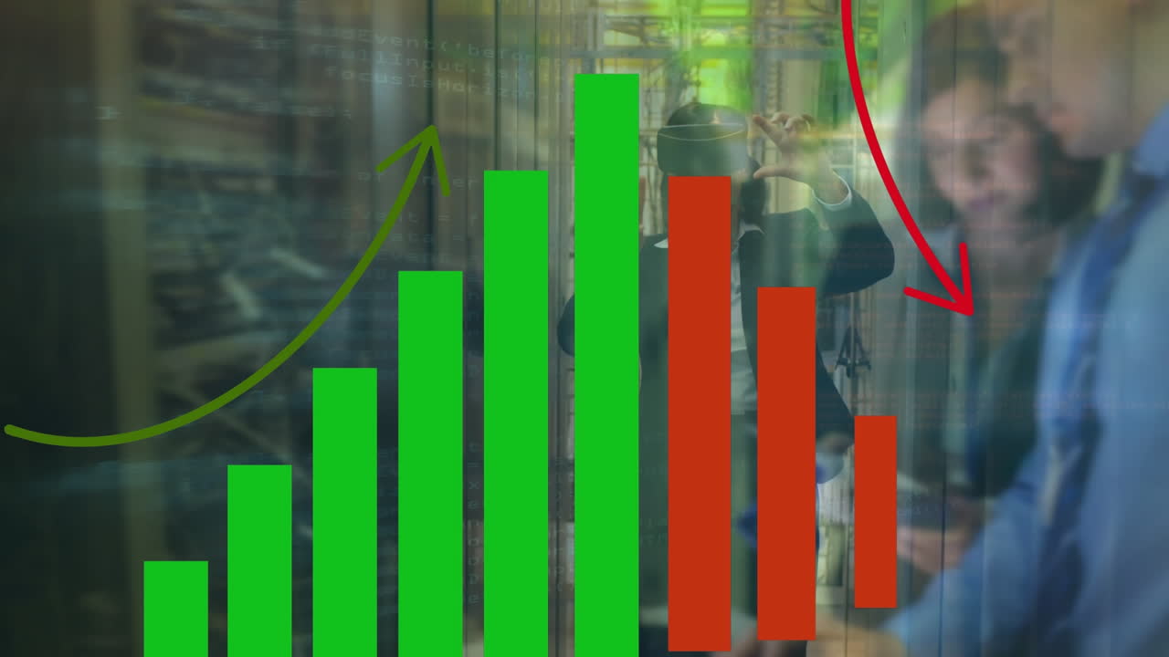 Animation of data processing and graph over diverse business people in office