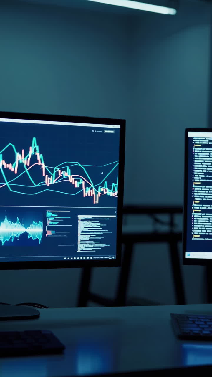 Two Computer Monitors Showing Coding and Graphs at Night