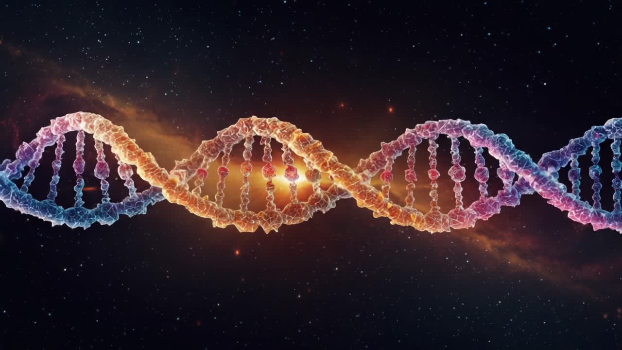 Exploring the Mysteries of DNA: A Stunning Visualization of the Helix Structure Against a Cosmic Background, Unraveling Life's Genetic Blueprint