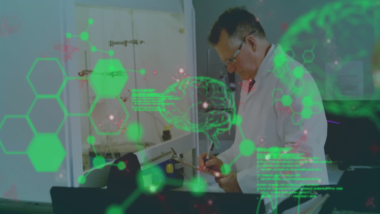 Scientist in lab coat working with digital brain data overlay animation