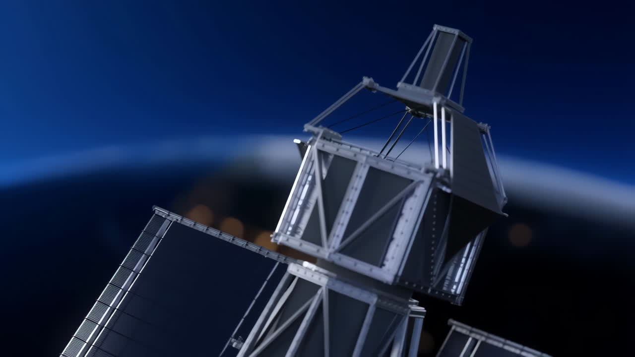 A satellite orbiting Earth with visible city lights at night