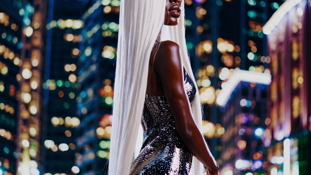 Elegant fashion model with long white hair wearing shimmering silver dress posing confidently against illuminated urban nightscape, showcasing contemporary style and glamorous atmosphere