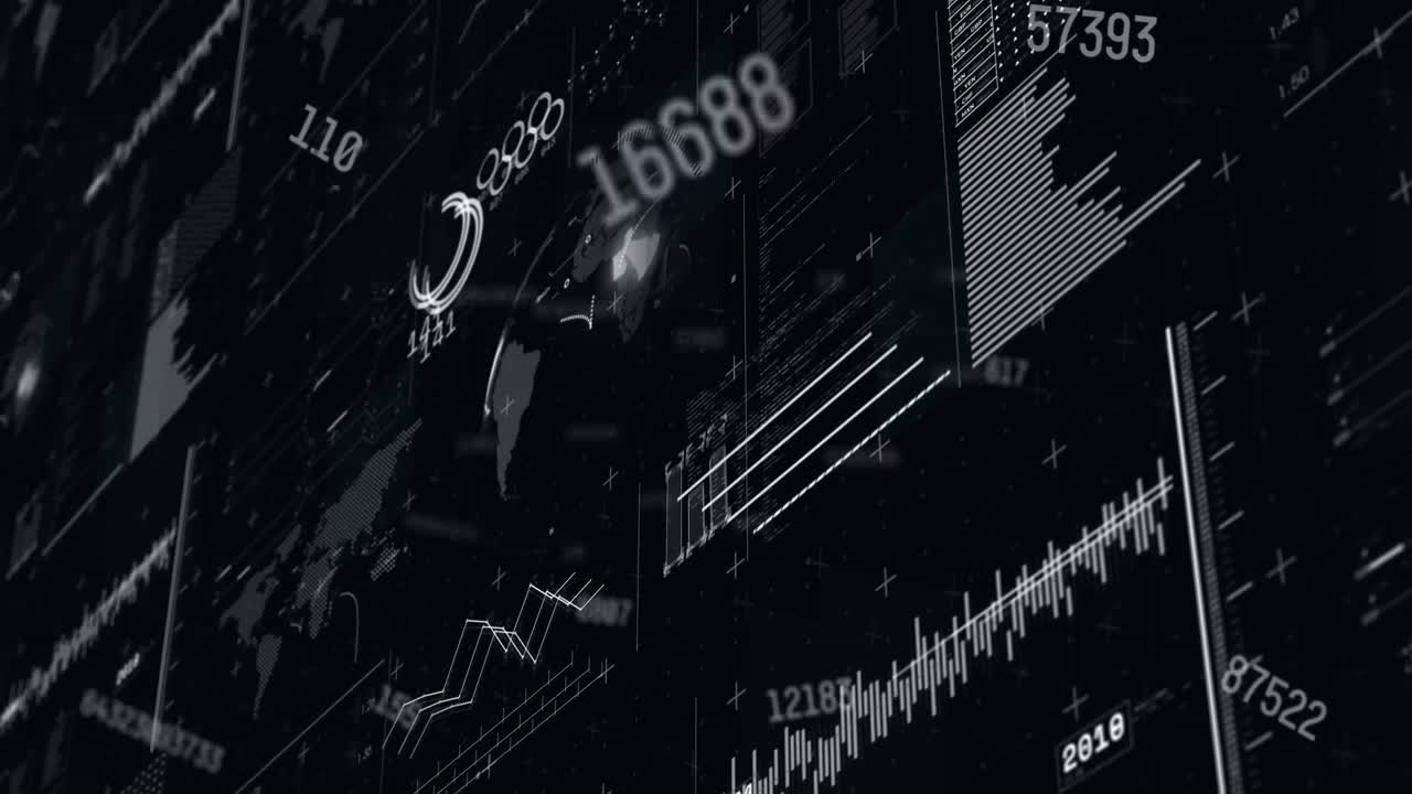 Animation of multiple changing numbers over interface with data processing on black background