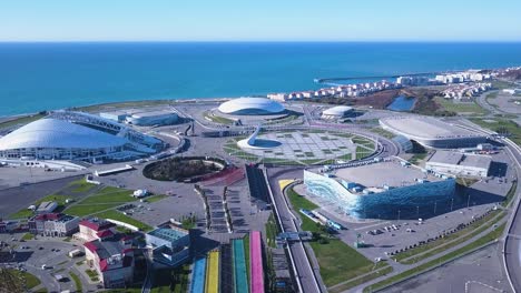 aerial view of sports and entertainment complex by the ocean