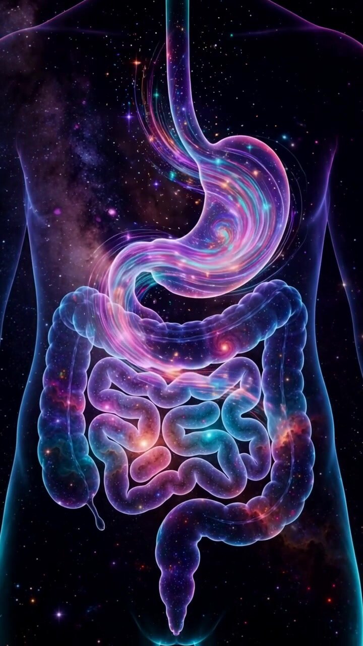 Galaxy-styled glowing stomach and intestines in a translucent torso with a cosmic look