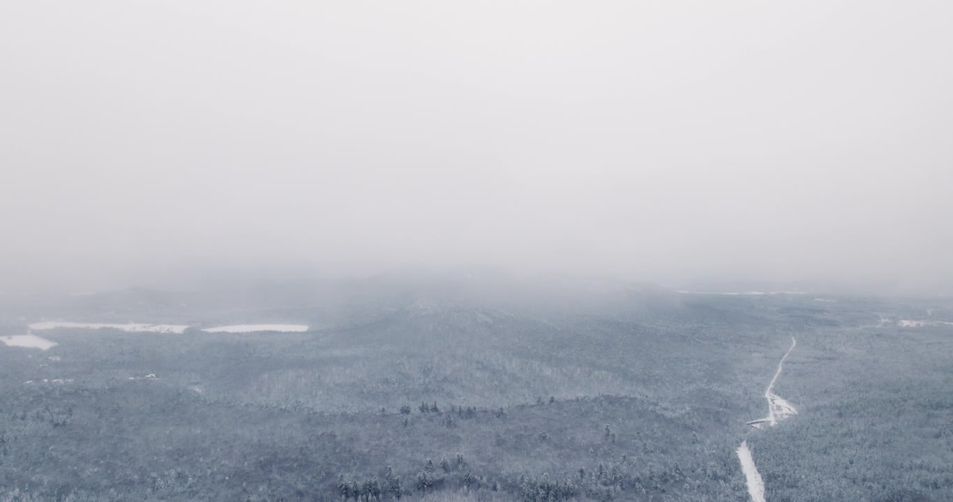 Drohne fliegt über einen weiten schneebedeckten Adirondack-Wald, während tiefe Winterwolken über die Landschaft herabsteigen und Bergrücken nahe Lake Placid, New York, nach frischem Schneefall teilweise verdecken.