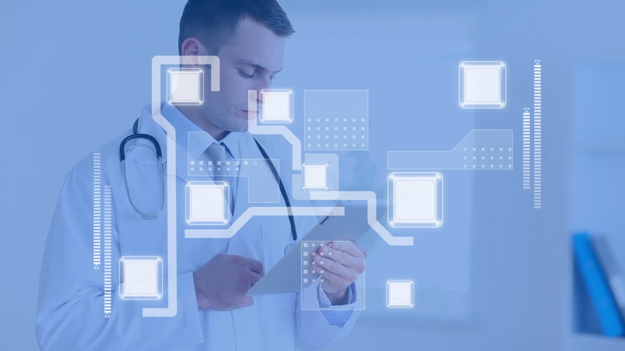 animación de barras de carga y líneas que se mueven alrededor del cuadrado, médico caucásico usando tableta digital