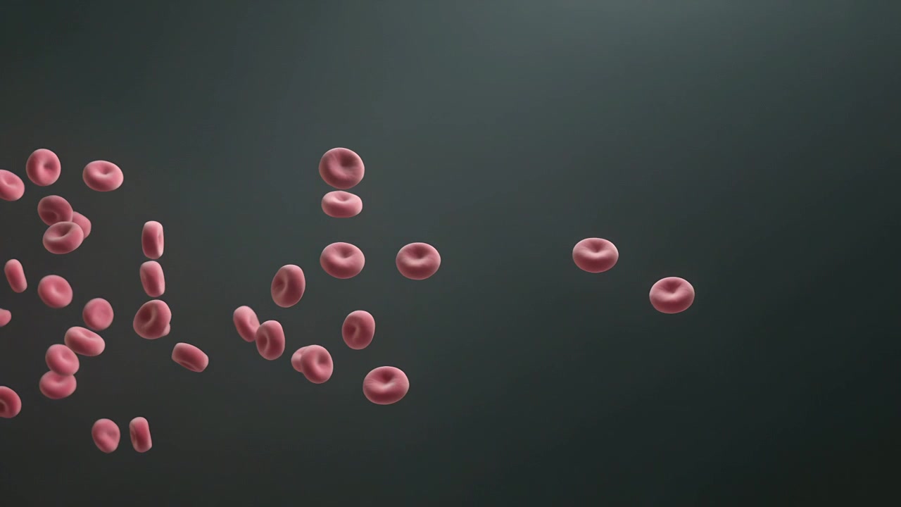 Entering left edge, pink disc red blood cell cluster drifting tumbling right in fluid medium