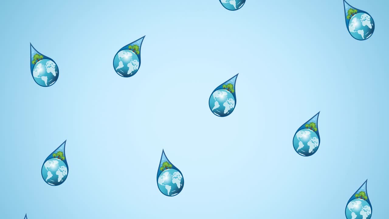 animación de gotas que caen con globos y árboles sobre fondo azul