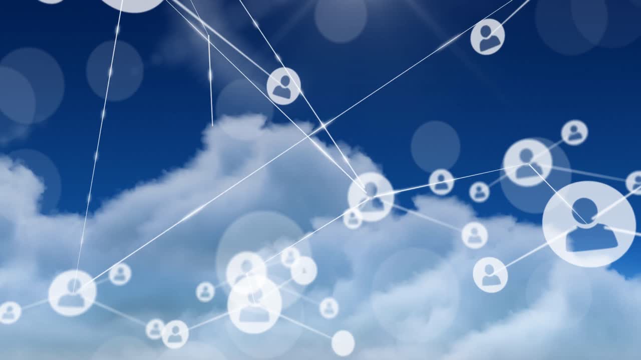 파란색 바탕에 구름 위의 연결 네트워크의 애니메이션