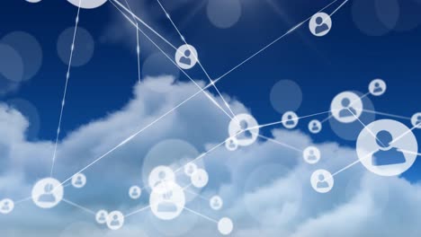 animatie van een netwerk van verbindingen over wolken op blauwe achtergrond