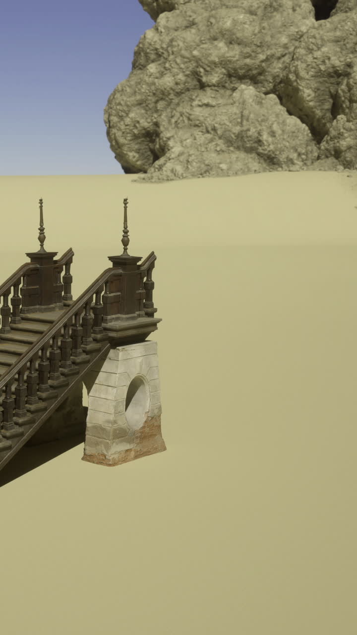 Stairs lead to nowhere in a sandy desert with a large rock formation in sight