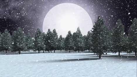 digital animation of snow falling over trees on winter landscape against moon in night sky