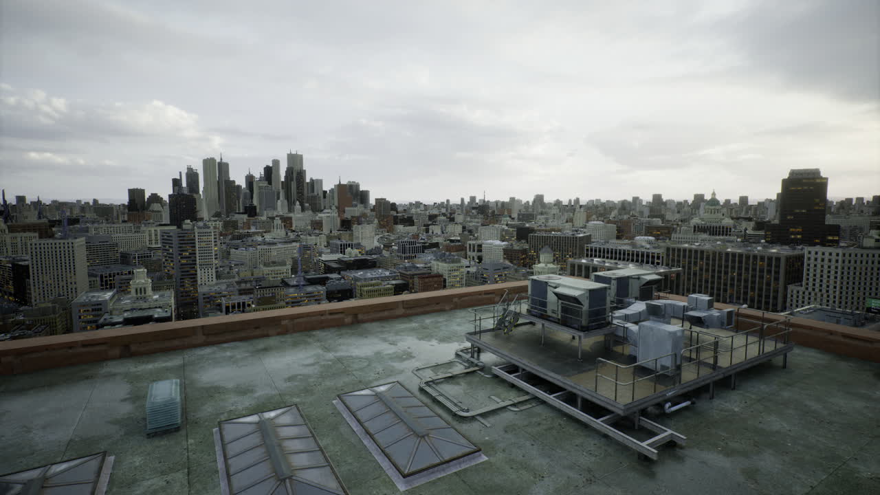 Urban skyline view from rooftop during cloudy daylight in a bustling metropolis