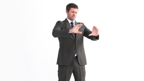 businessman interacting with invisible interface