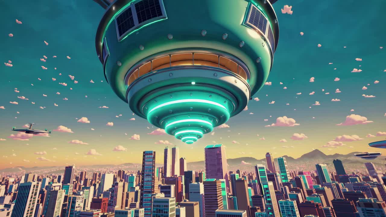 Futuristic City with Flying Spaceship