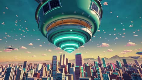 futuristic city with flying spaceship