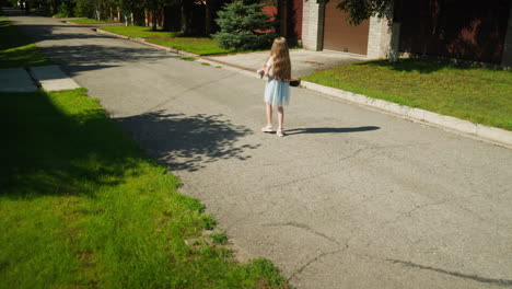 girl in gown walking alone along cracked suburban road under bright sun, holding stuffed toy, surrounded by green grass, sidewalks, driveways, and residential fences in peaceful neighborhood