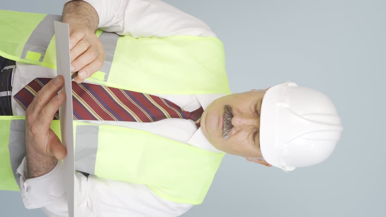 video vertical del viejo ingeniero examina el proyecto en sus manos.