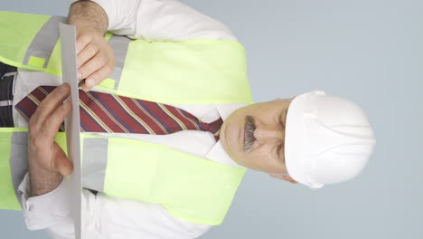 vertical video of the old engineer examines the project in his hands.